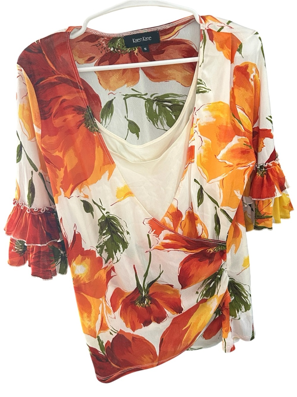 Karen Kane Vintage Orange & White Floral Blouse Top Flutter Sleeves 1X EUC